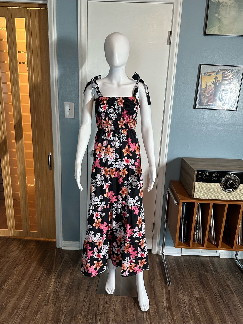 Black Floral Tie-Shoulder Maxi Dress